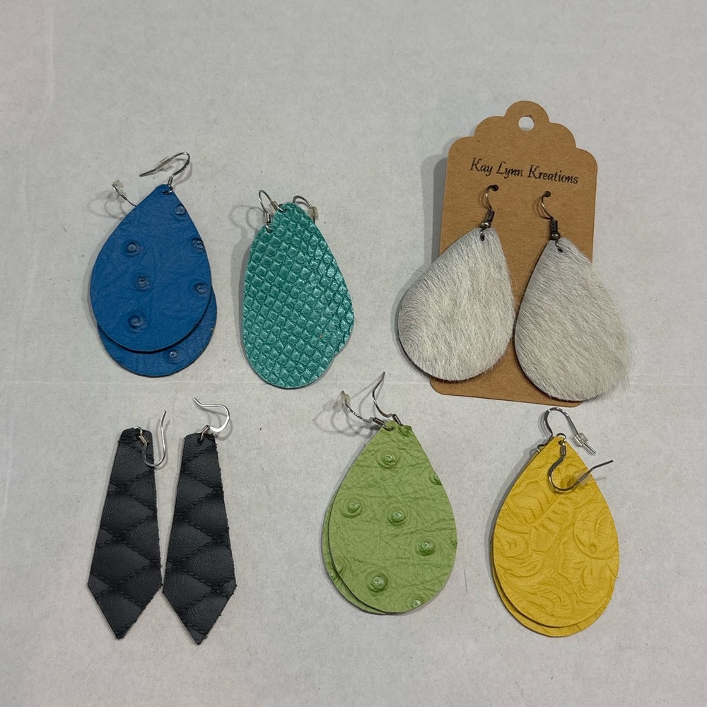 Lot of 6 handmade faux leather earrings, dangle, shepherd hook, used